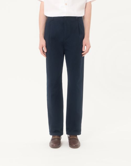 Valentino - Valentino Trousers In Cotton Gabardine With Vlogo Embroidery - Navy - Man - Trousers And Shorts