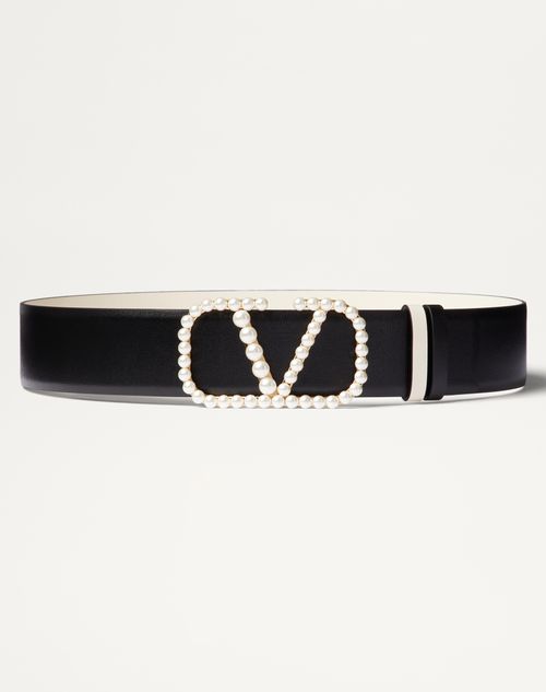 Valentino Garavani Women's Vlogo Signature Reversible Belt In Shiny Calfskin With Pearls 40 Mm In Black Light Ivory
