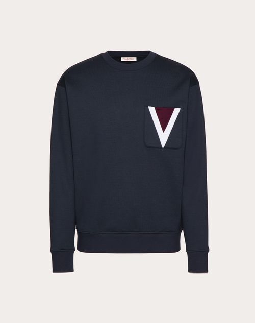 Shop Valentino Cotton Crewneck Sweatshirt With Inlaid V In Navy
