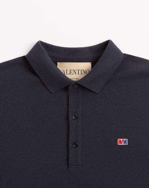 Valentino - Valentino Cotton Piqué Polo Shirt With Vlogo Signature Patch - Navy - Man - T-shirts And Sweatshirts