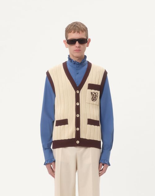 Valentino - Ribbed Cotton Vest With Vg Embroidery - Butter/testa Di Moro - Man - Knitwear