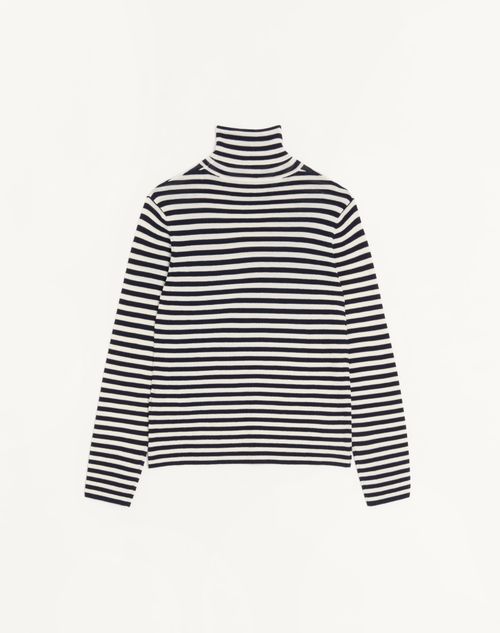 Valentino - Valentino High-neck Wool Sweater With Vlogo Patch - Ivory/navy - Man - Knitwear