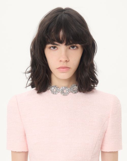 Valentino - Abito Corto In Crinkle Cotton Tweed Ricamato - Rosa/silver - Donna - Abiti