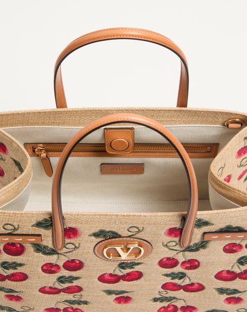 Valentino Garavani - Valentino Garavani Antibes Medium Shopping Bag In Jacquard Raffia With Cherryfic Motif - Natural/red - Woman - Totes