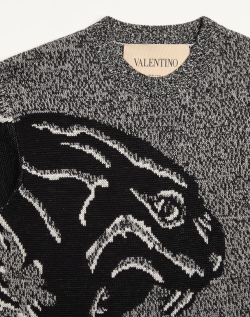 Valentino - Valentino Cotton And Mouliné Wool Jumper With Panther Jacquard - Ivory/black - Man - Knitwear