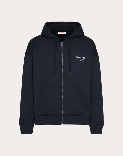 Shop Valentino Cotton Sweatshirt With Hood Zip And Print In ネイビー/ホワイト