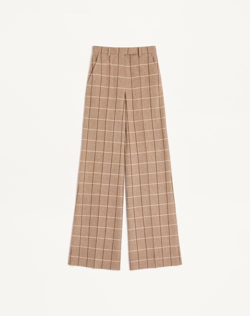 Valentino - Wool Trousers With Windowpane Check Pattern - Beige/maroon/ivory - Woman - Trousers And Shorts