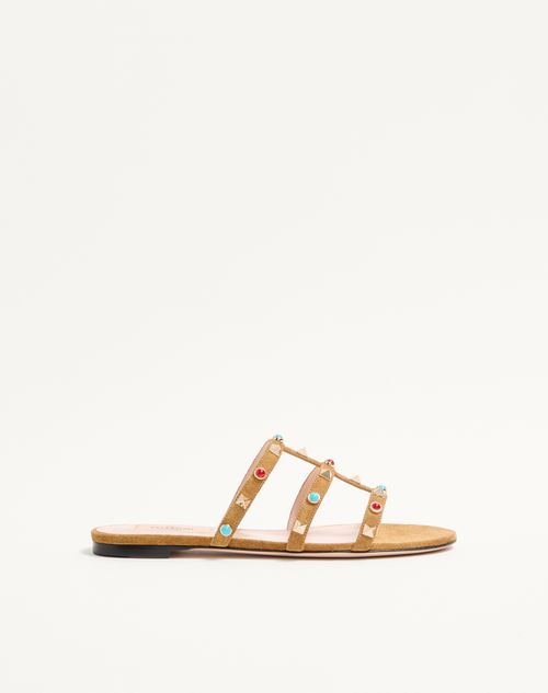 Valentino Garavani Rockstud Slide Sandal In Split Leather With Cabochon Stones Woman Havana Beige 41