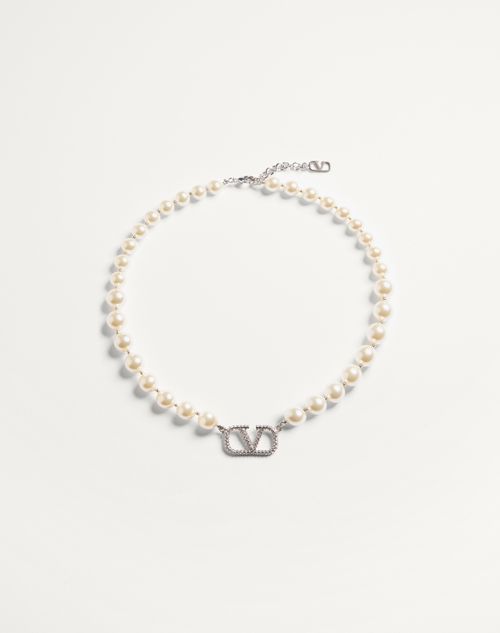 Valentino Garavani Vlogo Signature Necklace With Pearls And Swarovski Crystals Woman Palladium/cream Onesize