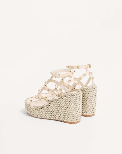 Valentino Garavani - Rockstud Calfskin Wedge Sandal With Straps 95 Mm - Light Ivory - Woman - Espadrilles And Wedges