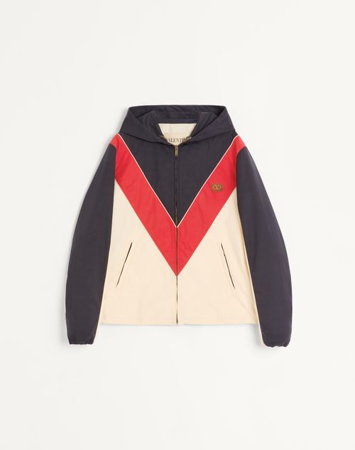 Valentino - Nylon Hooded Windbreaker With Vlogo Patch - Navy/red/blue - Man - Outerwear