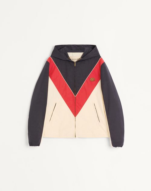 Valentino - Nylon Hooded Windbreaker With Vlogo Patch - Navy/red/blue - Man - Outerwear