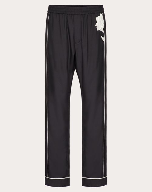 Shop Valentino Silk Poplin Pyjama Pants With Flower Embroidery In ブラック
