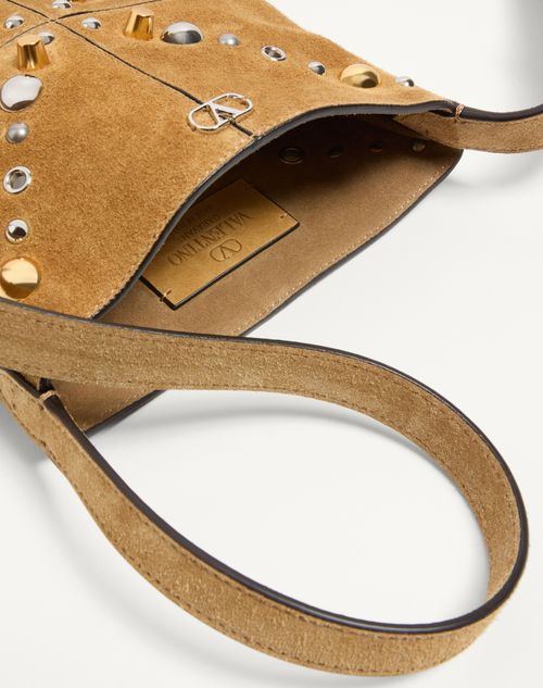 Valentino Garavani - Valentino Garavani Nellcôte Small Shoulder Bag In Suede With Fringes - Havana Beige - Woman - Shoulder Bags