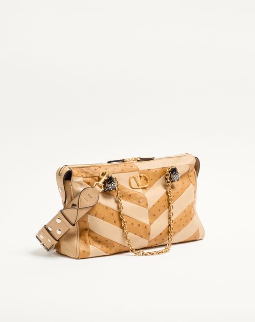 Valentino Garavani - Valentino Garavani Panthea Medium Shoulder Bag In Ostrich And Nappa Leather With A Chevron Pattern - Tobacco/gold Beige - Woman - Shoulder Bags
