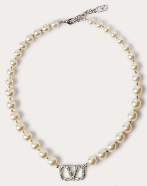 Valentino Garavani Vlogo Signature Necklace With Pearls And Swarovski® Crystals Woman Palladium/crys In Multi