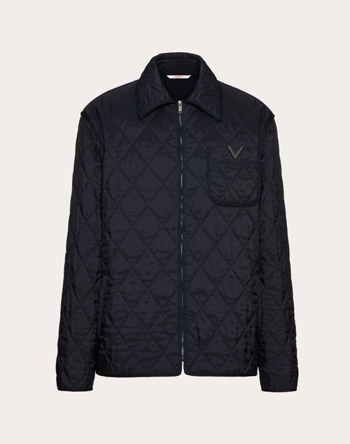 Shop Valentino Quilted Nylon Shirt Jacket With Metallic V Detail In ネイビー