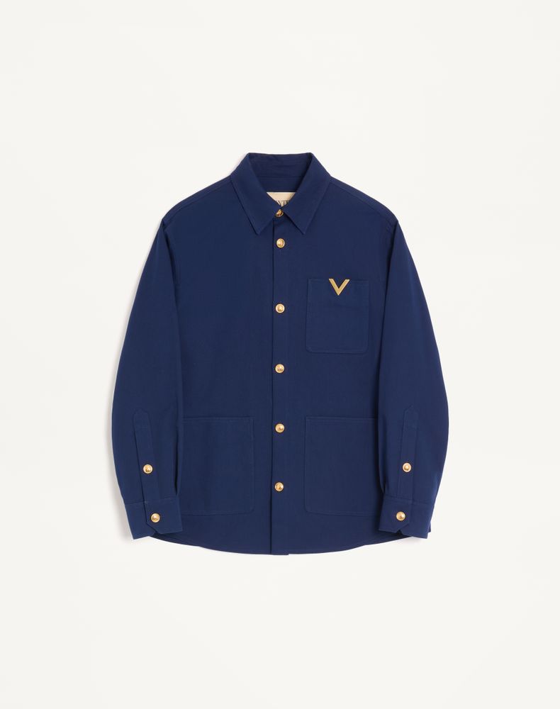 Valentino Cotton Gabardine Shirt Jacket With Vgold In Blue