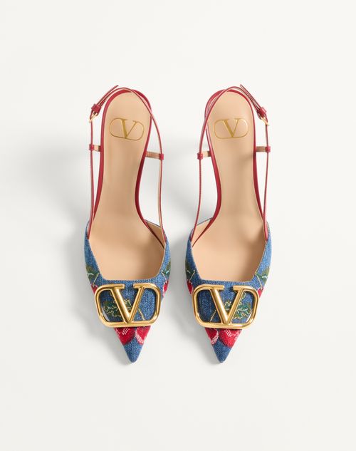 Valentino Garavani - Vlogo Signature Slingback Pumps In Denim With Cherryfic Embroidery 80mm - Denim/multicolour - Woman - Pumps