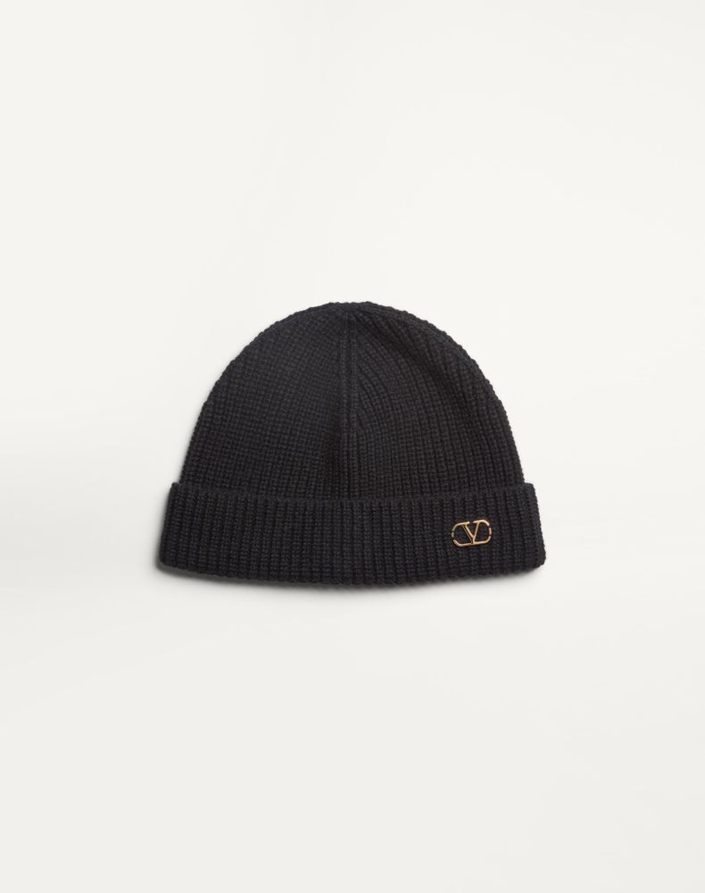 Valentino Garavani Men's Black Vlogo Signature Knitted Cashmere Beanie Man Uni