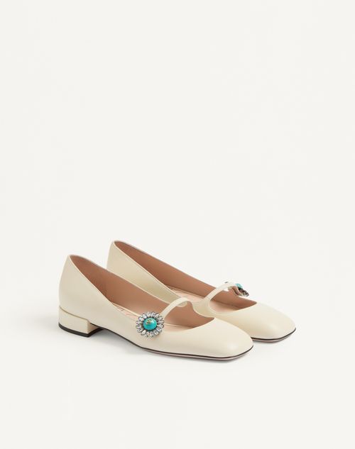 Valentino Garavani - Mary-jane Preshoes Ballerina In Kidskin With Jewel Button 20mm - Ivory/crystal/turquoise - Woman - Ballerinas