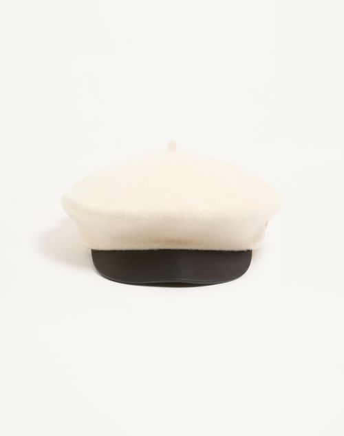 Valentino Garavani  Garavani Vlogo Signature Wool Beanie With Leather Visor Woman Ivory 58 In Neutral