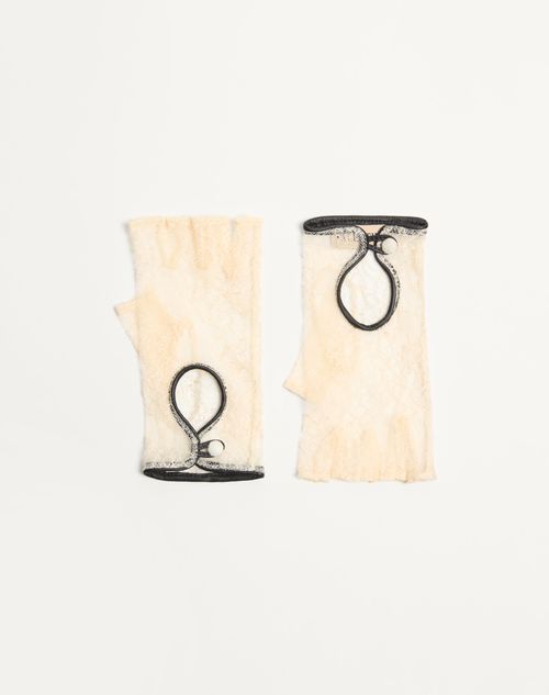 Valentino Garavani Vlogo Signature Biker Gloves In Lace And Leather Woman Butter 8