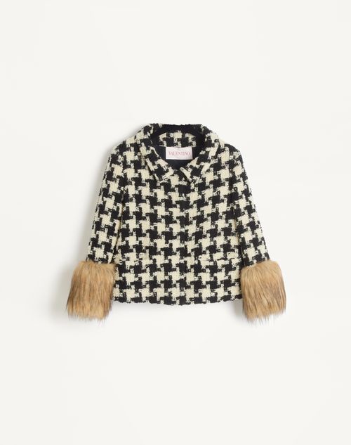 Valentino Faux-fur Macro Houndstooth Tweed Jacket In Beige