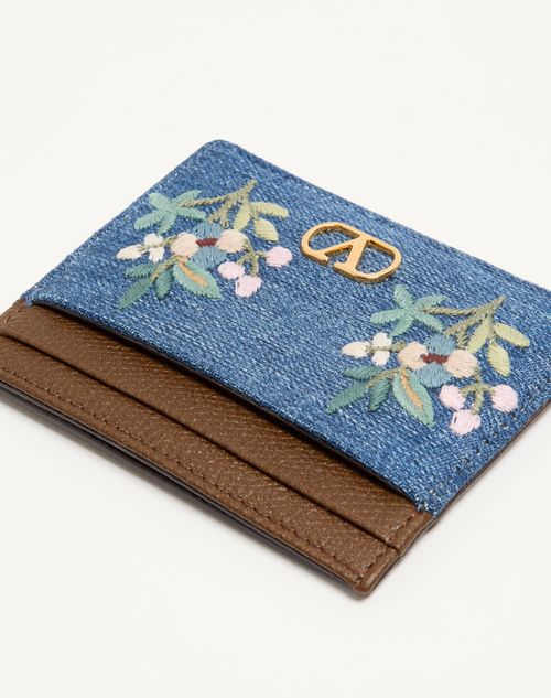 Valentino Garavani - Valentino Garavani Vlogo Signature Card Holder In Denim With Floral Embroidery - Denim - Woman - Wallets And Small Leather Goods