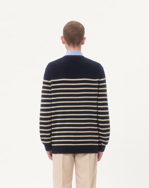Valentino - Wool Sweater With Chez Valentino Jacquard Motif - Blue/butter - Man - Knitwear