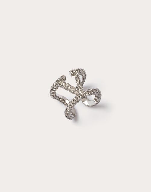Valentino Garavani Vlogo Signature Ring In Metal And Swarovski® Crystals Woman Palladium/crystal 15