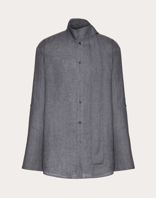 Shop Valentino Linen Shirt With Scarf Collar And Vlogo Signature Embroidery In Grey