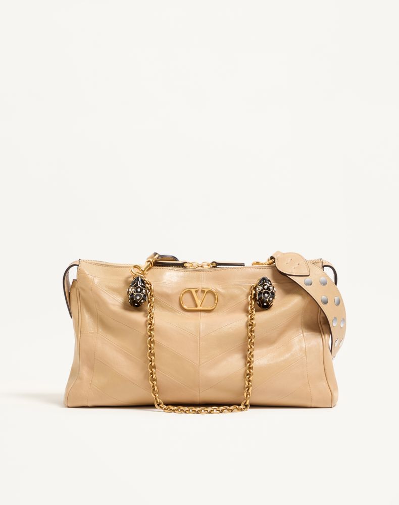 Valentino Garavani Women's Gold Beige Panthea Shoulder Bag In Nappa Leather With Chevron Pattern Woman Uni