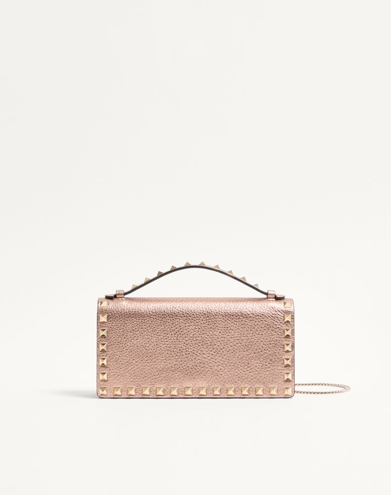 Valentino Garavani Women's Rose Cannelle Rockstud Laminated Grainy Calfskin Wallet With Chain Woman Uni