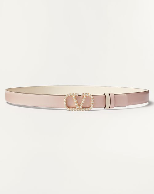 Valentino Garavani Vlogo Signature Reversible Belt In Shiny Calfskin With Pearls 20 Mm Woman Rose Qu In Rose Quartz