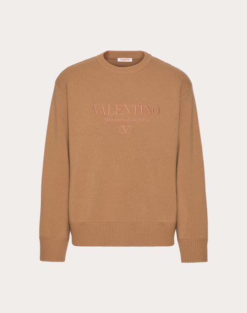 Shop Valentino Crewneck Wool Jumper With Embroidery In Camel