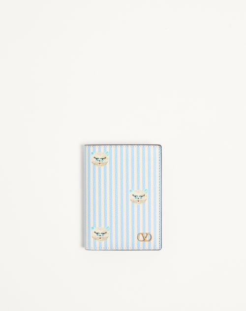 Valentino Garavani - Portacarte Valentino Garavani Vlogo Signature In Vitello Granato Con Stampa Le Chat De La Maison - Azzurro/avorio - Uomo - Portafogli E Piccola Pelletteria