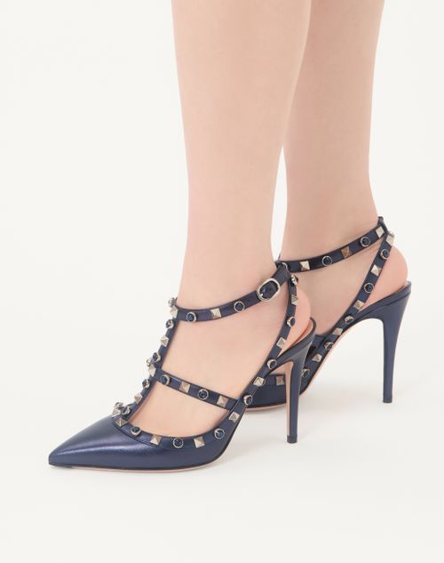 Valentino Garavani - Rockstud Pumps In Laminated Nappa With Cabochon 100mm - Navy - Woman - Pumps