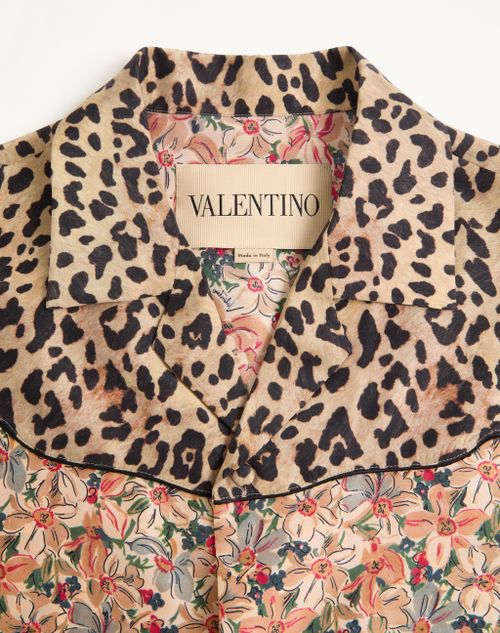 Valentino - Valentino Bowling Shirt In Silk Poplin With Fauve Eclat Animalier And Papier Floral Prints - Multicolour - Man - Shirts