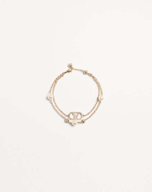 Valentino Garavani Vlogo Signature Bracelet In Metal, Pearls And Swarovski Crystals Woman Gold/cream/crystal M