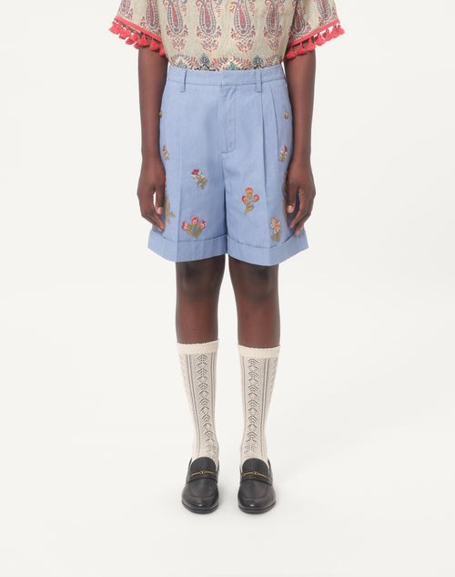 Valentino - Denim Bermuda Shorts With Embroidery - Denim - Man - Denim