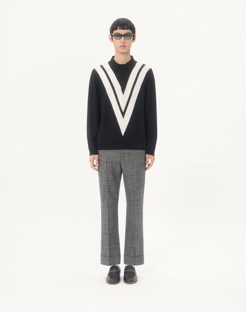Valentino - Valentino Wool Polo Shirt With Inlaid V - Black/butter - Man - Knitwear