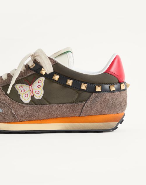 Valentino Garavani - Stud Up Sneaker In Split Leather And Nylon With Butterfly Embroidery - Olive Green/multicolour - Man - Sneakers