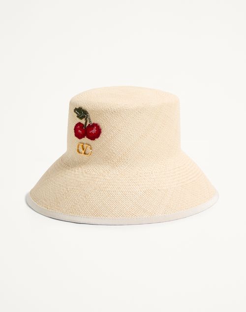 Valentino Garavani - Vlogo Signature Straw Bucket Hat With Leather Trim And Cherryfic Embroidery - Natural/multicolor - Woman - Hats And Gloves