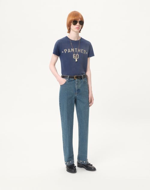 Valentino - Cotton T-shirt With Chez Valentino Print And Patch - Blue - Man - T-shirts And Sweatshirts