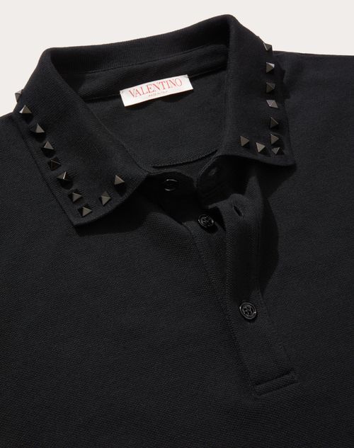 Valentino - Cotton Piqué Polo Shirt With Black Untitled Studs - Black - Man - T-shirts And Sweatshirts