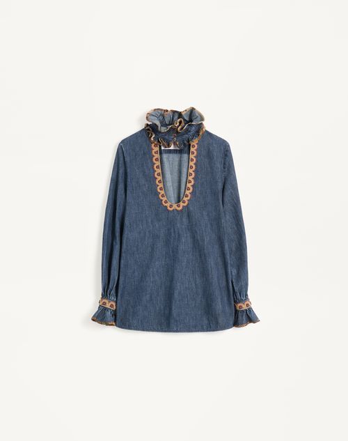 Valentino Womens Embroidered Frilled Cotton-denim Shirt Medium Blue Denim In Denim