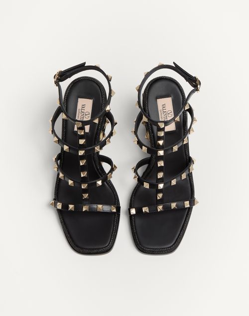 Valentino Garavani - Rockstud Calfskin Wedge Sandal With Check Embroidery 80mm - Black/natural - Woman - Espadrilles And Wedges