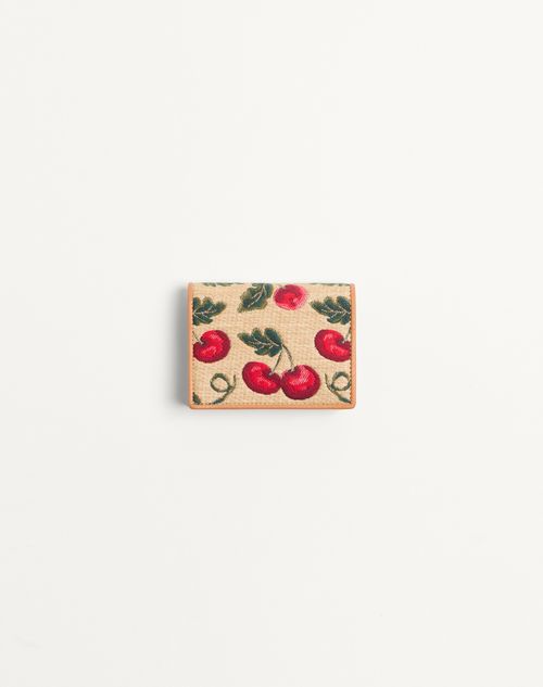 Valentino Garavani - Portefeuille En Raphia Jacquard Vlogo Signature Cherryfic - Naturel/rouge - Femme - Portefeuilles Et Petite Maroquinerie