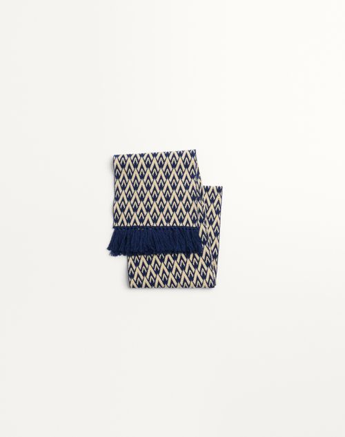 Valentino Garavani Toute La V Knitted Wool Scarf Man Navy/cream Onesize